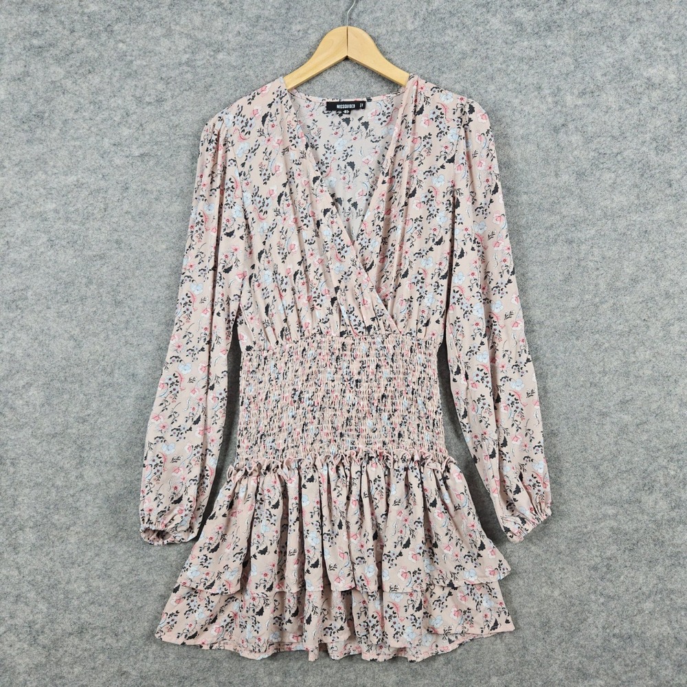 Missguided Floral Print Smocked Waist Ruffle Mini Dress Pink Blue Women's Size 4